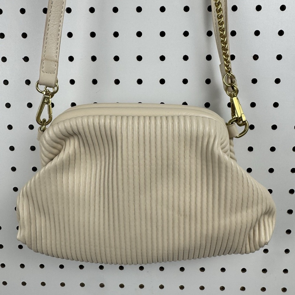 Anthropologie Ivory Pleated Frame Crossbody Clutch Chain Bag Boho Minimalist